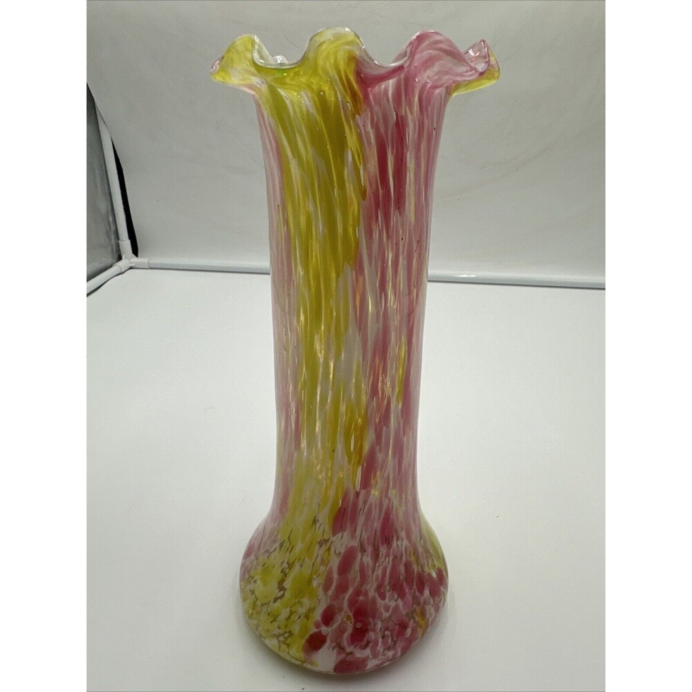 Early 20th Century Pink & Yellow Clichy Pantin Mottled Glass Vase 10.5” Vtg